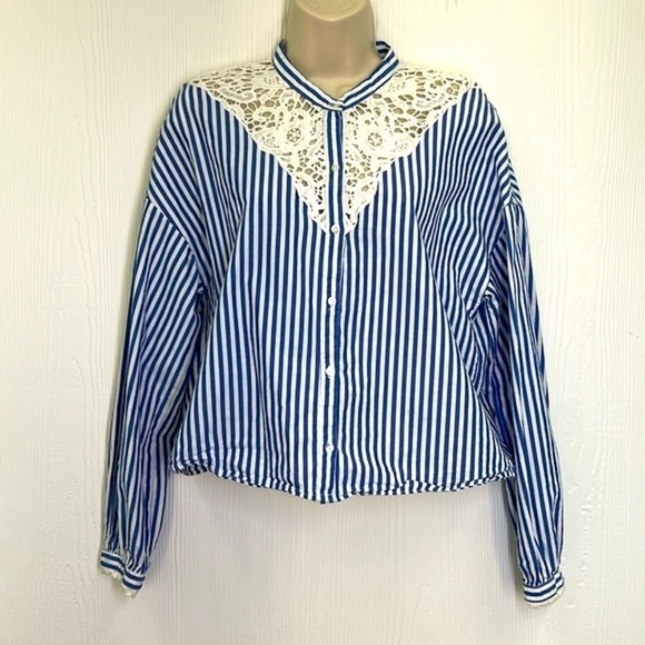Zara - Lace Design Blue And White Stripe Button Down Long Sleeve Top Size XS - Picture 2 of 11